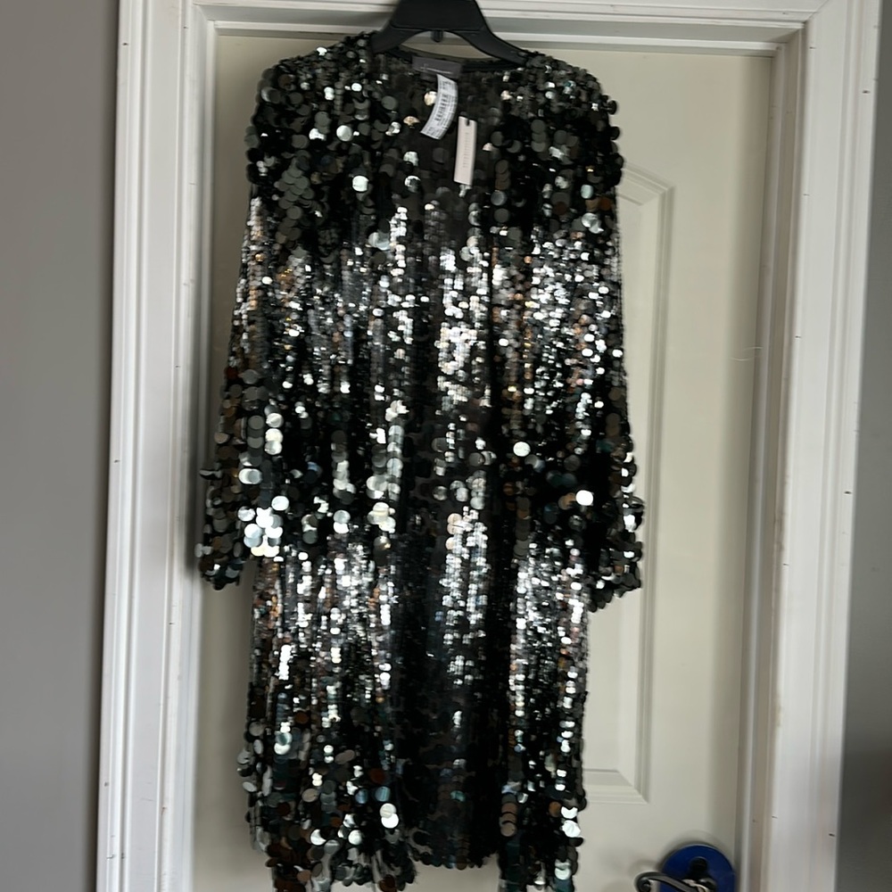 Anthropologie Paillette Bell Sleeve Duster Black Multi